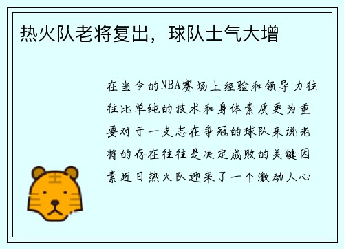热火队老将复出，球队士气大增