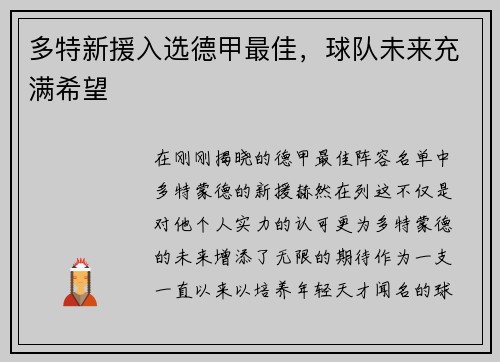 多特新援入选德甲最佳，球队未来充满希望
